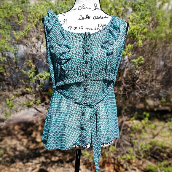 Apostrophe Teal & Black Polka Dot Ruffle Front Blouse - Picture 1 of 2